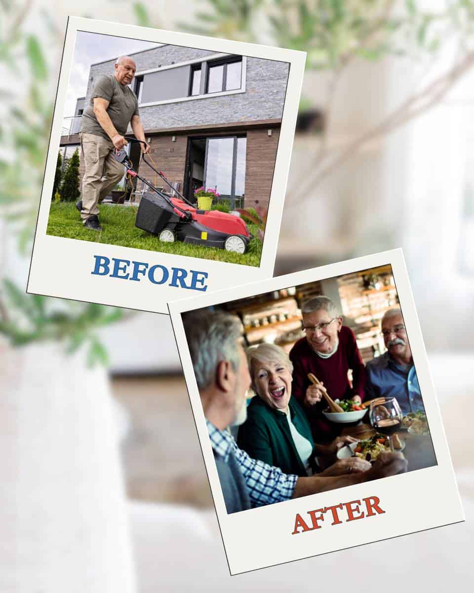 Am I ready to downsize? A man mowing his lawn vs. a group of active seniors enjoying each others company