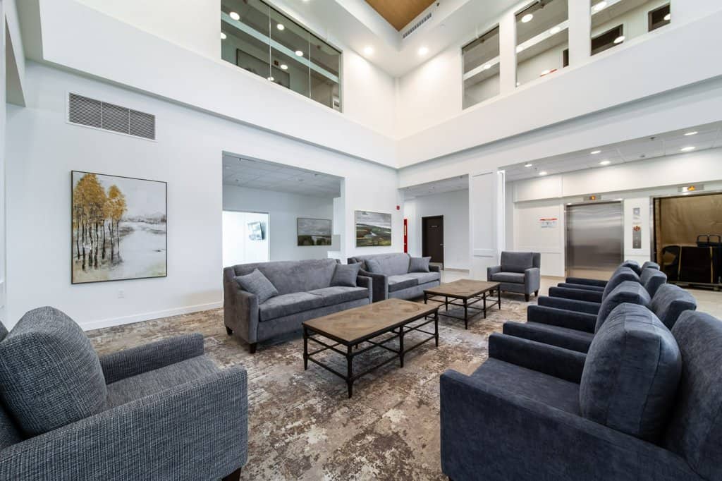 Lobby in Three Robins Riverside, independent senior living in St. Albert