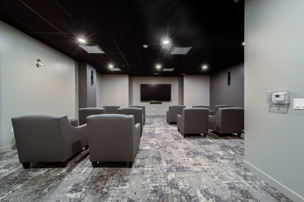 Theatre Room in Three Robins Riverside, independent senior living in St. Albert