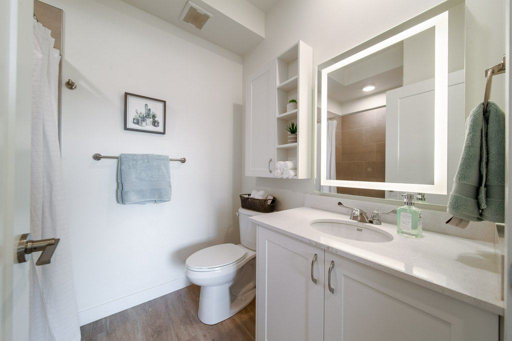 Accessible bathroom in a suite at Three Robins Riverside, independent senior living in St. Albert