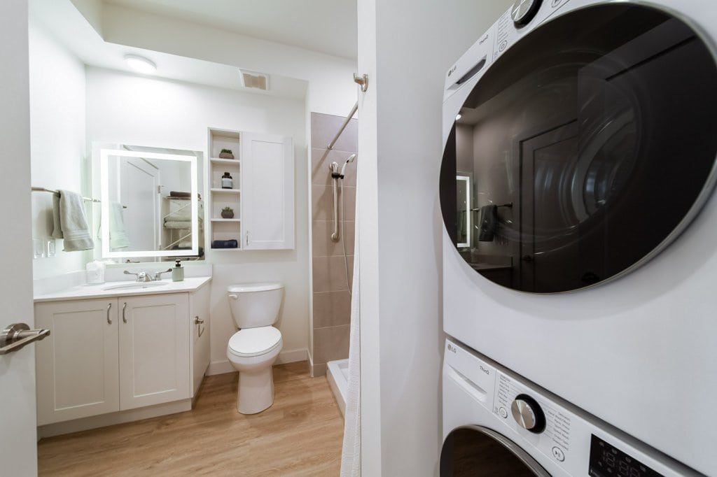 Accessible bathroom in a suite at Three Robins Riverside, independent senior living in St. Albert