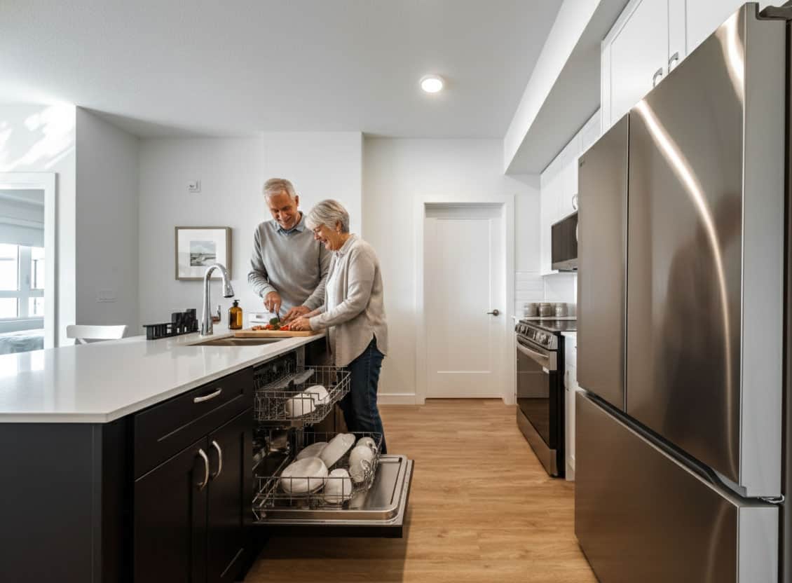 Senior Couple Cooking in their Kitchen at Three Robins Riverside