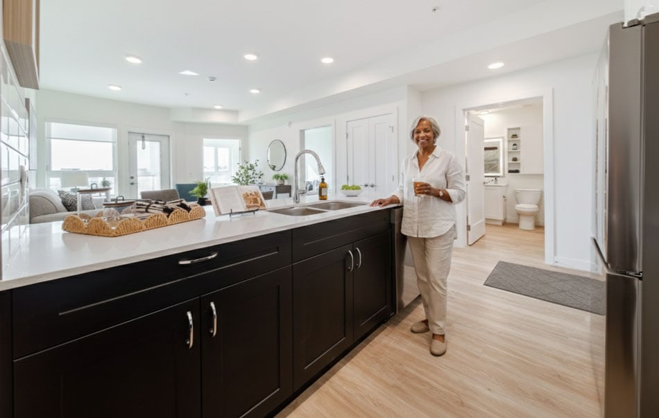 A senior in her kitchen enjoying independent senior living in St. Albert at Three Robins Riverside